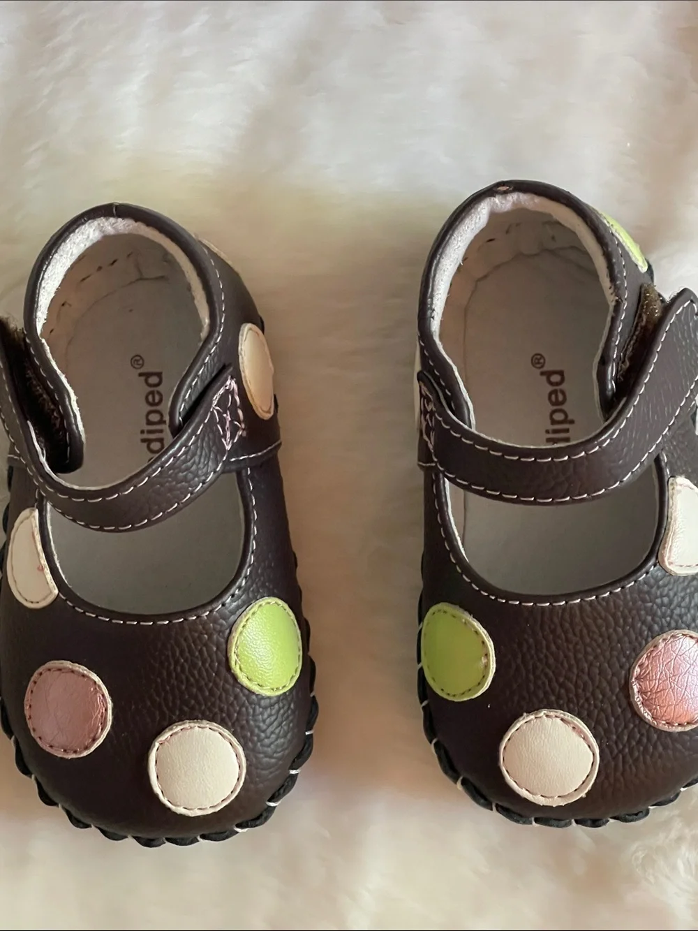 pediped Brown Mary Jane Shoes with Pink, Cream, and Lime Dots SZ XS